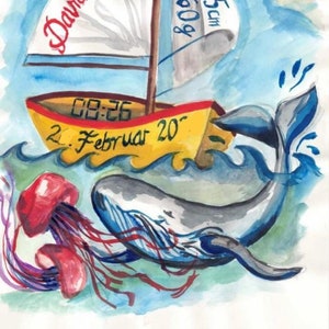 Aquarell Bild zur Geburt oder Taufe mit Geburtsdaten
