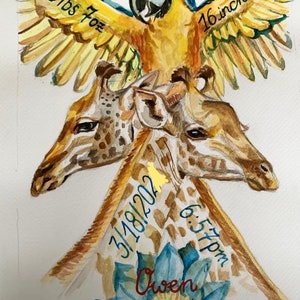 Individuelles Aquarellbild Mit Geburtsdaten zur Geburt oder Taufe