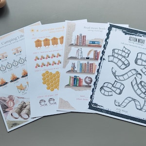 Puede incluir: Cinco pegatinas imprimibles para planificador con temática de camping. Las pegatinas presentan ilustraciones de una fogata, una tienda de campaña, una rueda de carro, un panal y una estantería. Las pegatinas están impresas en papel blanco con contornos negros.