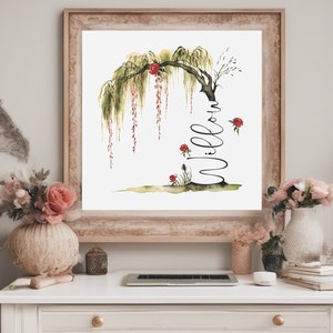 May include: A watercolor painting of a weeping willow tree with red roses and the word "Willow" written in cursive on the trunk.
