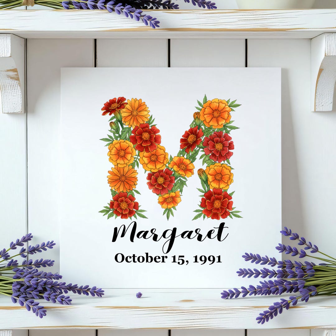Personalized Marigold Initial Print Custom October Birth Flower Wall ...