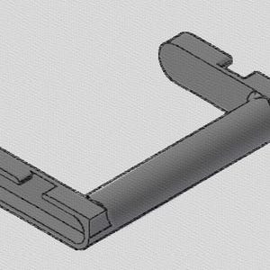 May include: A gray, L-shaped mechanical part with a rounded handle and rectangular ends. The design features a curved section and a series of notches, suggesting a functional component. The object is rendered in a 3D style.