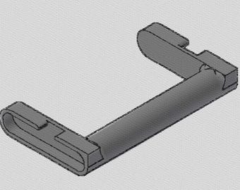 Puede incluir: Una pieza mecánica gris en forma de L, con un mango redondeado y extremos rectangulares. El diseño presenta una sección curva y una serie de muescas, lo que sugiere un componente funcional. El objeto está renderizado en 3D.