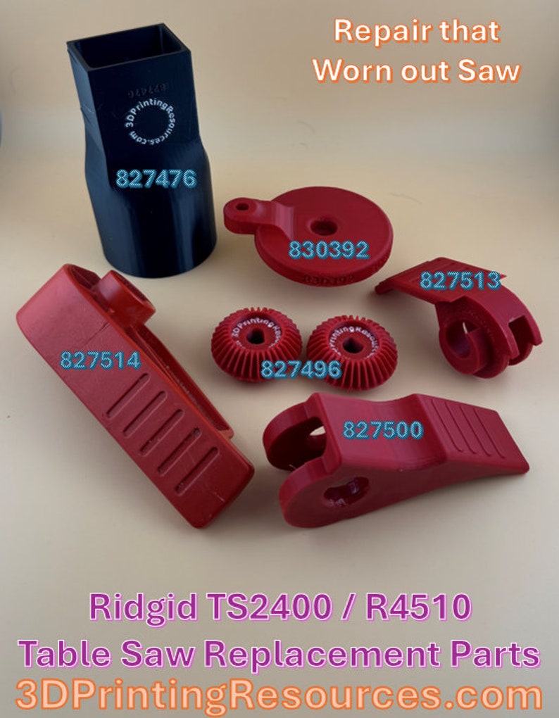 Pu&ograve; includere: Un set di pezzi di ricambio in plastica rossa per una sega da banco Ridgid TS2400 / R4510. I pezzi includono una maniglia, un ingranaggio, una leva e una porta di raccolta della polvere. I numeri di parte sono 827476, 830392, 827513, 827514, 827496 e 827500.