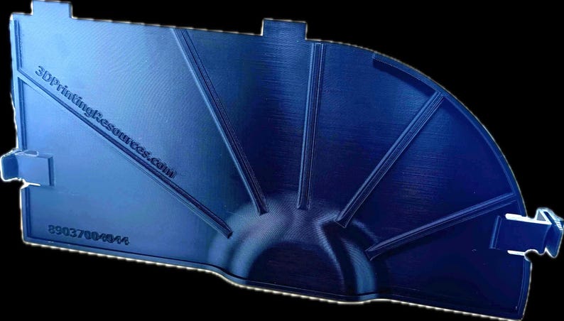 May include: A dark blue, fan-shaped 3D-printed object with a textured surface. The object has several raised lines radiating from a central point. The text "3DPrintingResources.com" and the number "89037004044" are printed on the surface.