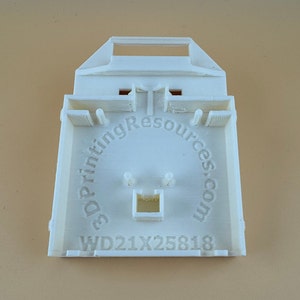 May include: A cream-colored 3D-printed object with a rectangular base and a handle. The text "3DPrintingResources.com" is arched across the top, and "WD21X25818" is printed at the bottom. The object has several small, rectangular openings.