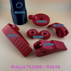 May include: A collection of replacement parts for a Ridgid TS2400 / R4510 table saw. The image shows various red and black plastic components, including a dust port, blade guard, and other parts. Text on the image reads "Repair that Worn out Saw."