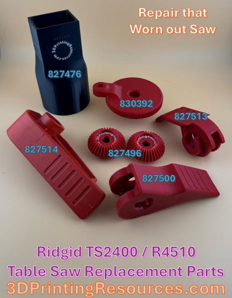 May include: A collection of replacement parts for a Ridgid TS2400 / R4510 table saw. The image shows various red and black plastic components, including a dust port, blade guard, and other parts. Text on the image reads "Repair that Worn out Saw."