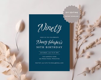 May include: Navy blue birthday invitation with white script text that reads "Ninety" and "Nancy Harper's 90th Birthday." The invitation includes details for the event, such as the date, time, and location. The words "DIY Editing" and "Instant Download" are also visible.