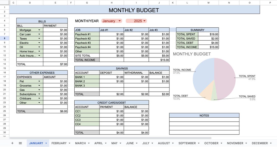Customizable- Monthly Budget Template W/ Dropdowns (blue/green Version ...
