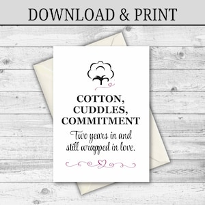 DIGITAL DOWNLOAD 2nd Anniversary Card, Cotton Anniversary Card Gift for Husband Gift for Wife Card for Anniversary Printable 2 Years Married