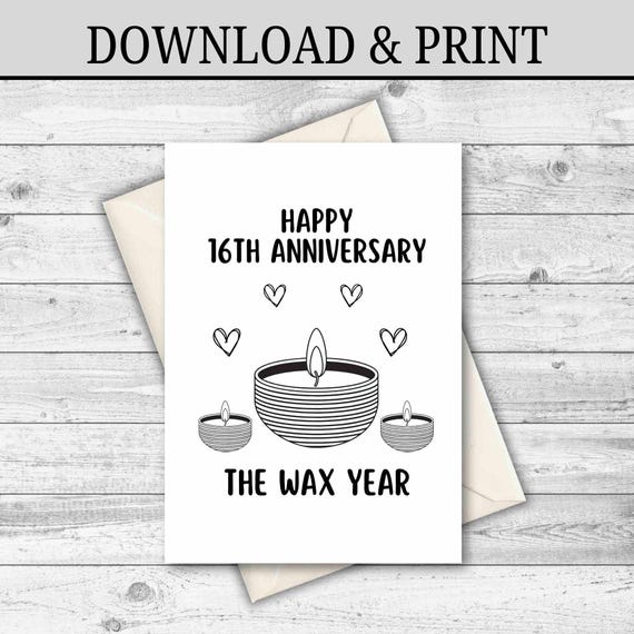 DIGITAL DOWNLOAD 16th Anniversary Card, Sixteenth Anniversary Card