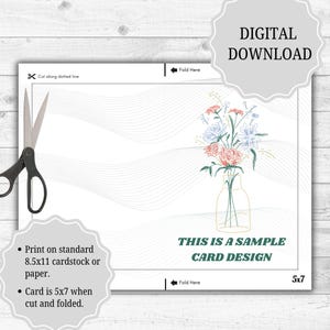 Pu&ograve; includere: Un design di biglietto bianco con un'illustrazione floreale in un vaso, con il testo "THIS IS A SAMPLE CARD DESIGN". Il biglietto misura 12,7x17,8 cm quando viene tagliato e piegato. Include le istruzioni per la stampa su cartoncino A4.