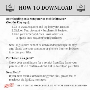 Pu&ograve; includere: Una grafica bianca con la scritta "HOW TO DOWNLOAD" e le istruzioni per scaricare file digitali da Etsy. Le istruzioni includono i passaggi per i download da computer e browser mobile e una nota sull'app Etsy.