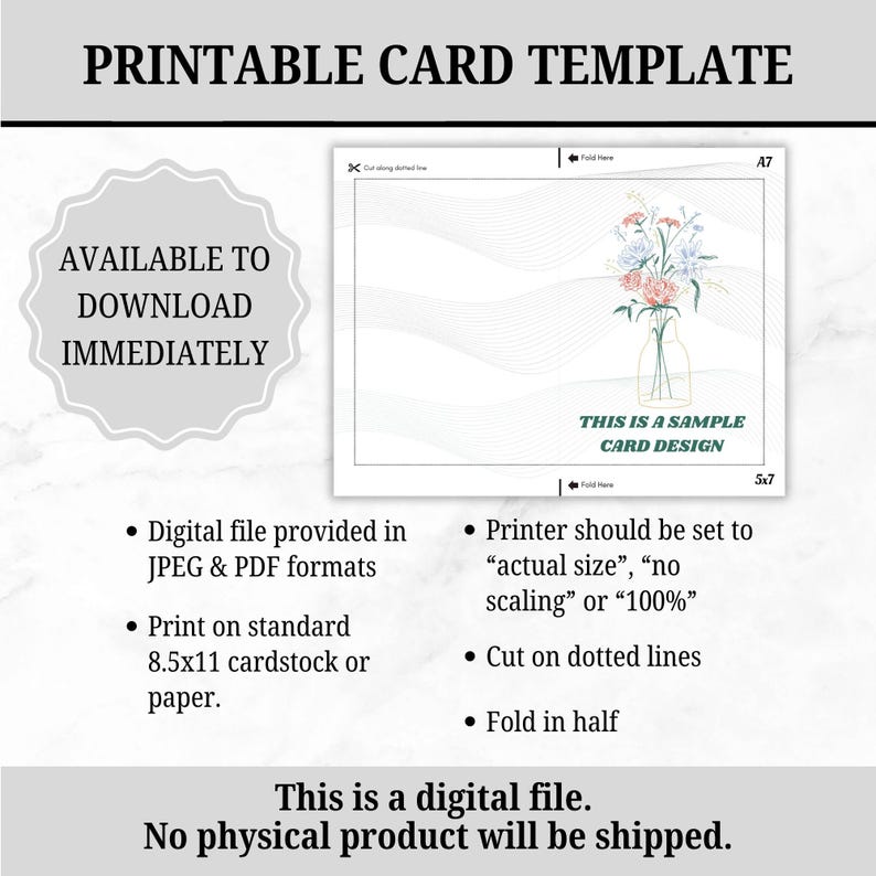 Pu&ograve; includere: Modello di biglietto stampabile con un design floreale in un vaso di vetro. La carta recita "This is a sample card design". Le istruzioni includono la stampa su carta A4, il taglio lungo le linee tratteggiate e la piegatura. Download immediato.