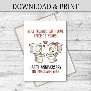 DESCARGA DIGITAL Tarjeta de aniversario número 18, Tarjeta de aniversario de porcelana, Regalo para esposo, Regalo para esposa, Tarjeta de aniversario imprimible de 18 años