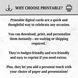 Pu&ograve; includere: Grafica con il testo "PERCH&Eacute; SCEGLIERE STAMPABILE?" e un elenco di motivi per scegliere biglietti digitali stampabili. I motivi includono celebrazione rapida, download immediato, conveniente e tocco personale.
