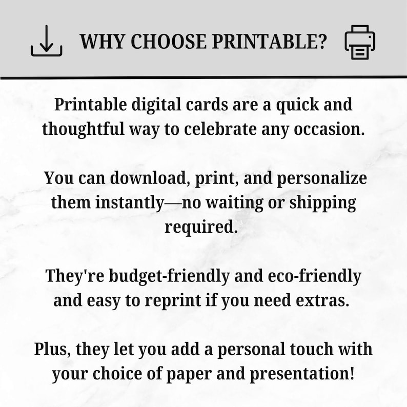 Pu&ograve; includere: Grafica con il testo "PERCH&Eacute; SCEGLIERE STAMPABILE?" e un elenco di motivi per scegliere biglietti digitali stampabili. I motivi includono celebrazione rapida, download immediato, conveniente e tocco personale.