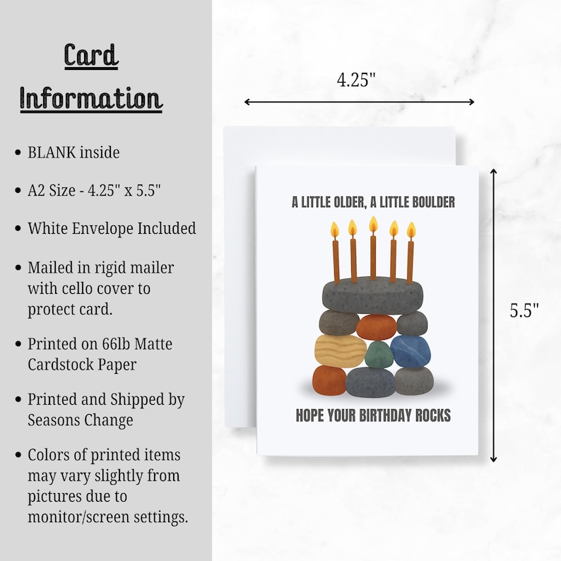 May include: A2 size birthday card, 4.25" x 5.5", with a rock-themed cake design. The card reads "A LITTLE OLDER, A LITTLE BOULDER" and "HOPE YOUR BIRTHDAY ROCKS". Includes a white envelope. Blank inside.