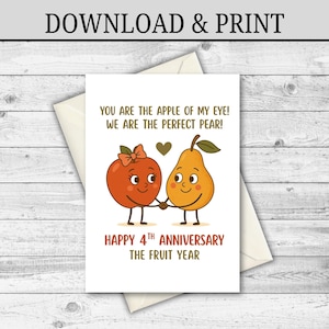 DESCARGA DIGITAL Tarjeta de 4.º aniversario Tarjeta de aniversario de frutas Regalo para esposo Regalo para esposa Tarjeta de aniversario imprimible 4 años de casados