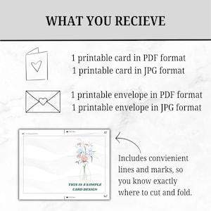 Pu&ograve; includere: Un design di biglietto stampabile bianco con una composizione floreale in un vaso, accompagnato da una busta stampabile. L'immagine include il testo "WHAT YOU RECIEVE" e "THIS IS A SAMPLE CARD DESIGN". Include linee e segni utili per tagliare e piegare.