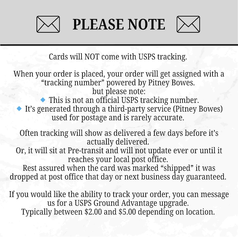 May include: A white and gray information card with the text "PLEASE NOTE" and a detailed explanation about order tracking and shipping. The card states that USPS tracking is not available and provides details about the tracking process.