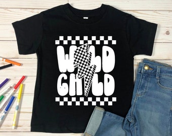 Shirt Wild Child, T-shirt Wild Child Lightning Bolt, Trendy kindershirts, retro Wild Child geruit peutershirt, T-shirt grappig kinderleven cadeau