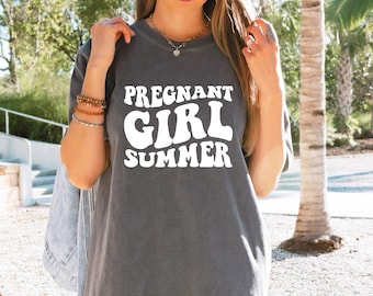 Pregnant Girl Summer Comfort Colors Shirt, Pregnant Shirt, Baby Announcement Tee, Pregnancy Reveal, Summer Pregnant Gift, Gift for New Mom