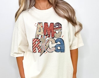 Comfort Colors 4th of July America Shirt, Independence Day T-Shirt, Retro America Lightning Bolt Tee, Sparkly American Girl Shirt, July 4th