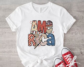 4th of July America Shirt, Independence Day T-Shirt, Retro America Lightning Bolt Tee, Sparkly American Girl Shirt, July 4th Sweatshirt Gift