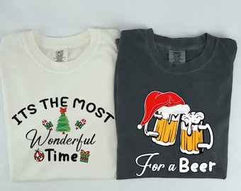Camisetas navideñas con colores reconfortantes para parejas, camiseta "Es el momento más maravilloso para tomar una cerveza", camisetas navideñas a juego, camisetas navideñas para parejas