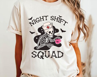 Comfort Colors Night Shift Squad Shirt, Night Shift Nurse Skeleton Shirt, Halloween Nurse Skeleton Tee, Funny Nursing T-Shirt, ER Nurse Crew