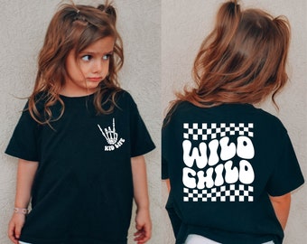 Shirt voor wilde kinderen, kinder-T-shirt voor wilde kinderen, trendy kindershirts, retro geruit peutershirt met wilde kinderen, T-shirt grappig cadeau voor Kid Life, voor- en achterkant