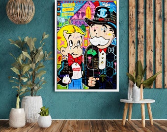 Richie Rich and Monopoly Man Graffiti Pop Art - Graffiti Popart Canvas Wall Art, Monopoly Man Modern Print, Contemporary Home Decor