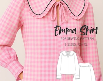 Ruffle Collar Blouse Sewing Pattern | Puff Sleeve Oversized Top (Digital Download)