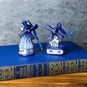 Vintage Delft Windmill Ornaments: Hand-Painted Dutch Ceramic Set