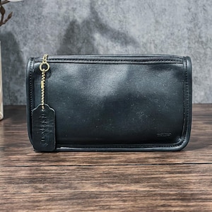 Vintage 1980s Coach Black Leather Cosmetic Case: Chunky Zip, Blue Stripe Lining