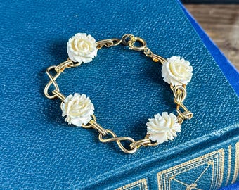 Vintage 12K Gold Filled Bracelet with Carved White Rose Beads, 7 inches long