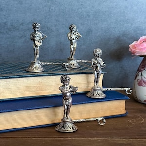 Set of 4 Vintage Cherub Musician Figurines, Metal Angel Miniatures, Classical Putti Statue Table Decor, Music Theme Collectible