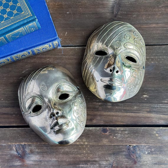 Set of 2 Vintage Solid Brass Decorative Masks, Ornate Wall Hangings, Bohemian Face Plaques, Eclectic Home Decor Wall Art