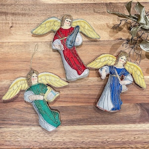 Vintage Embroidered Angel Ornaments: Handmade Christmas Decoration (Set of 3)