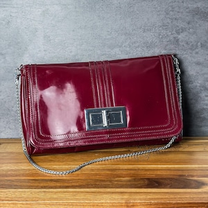 White House Black Market Red Patent Leather Clutch Purse with Silver-tone Chain Strap Classic Evening Bag Elegant Shoulder Bag