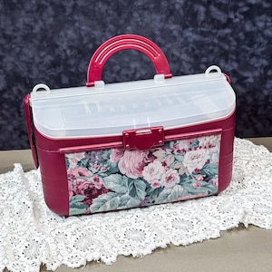 Organiseur de boîte à couture floral vintage des années 1980, étui de rangement en plastique avec compartiments, boîte de rangement pour couture rétro, caddie d'artisanat