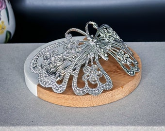 Vintage Big Bold Butterfly Hair Barrette in Silver Tone with Delicate Rhinestones