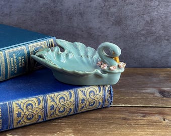 Vintage Porcelain Swan Ring Dish, Hand Painted Floral Jewelry Holder, Shabby Chic Vanity Decor