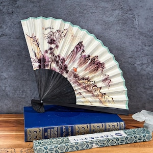 Vintage Hand Painted Bamboo Fan with Calligraphy with Box – Collectible Folk Art Accessory