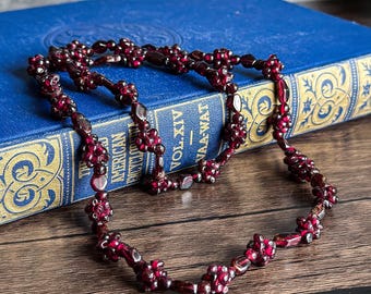 Vintage Bohemian Garnet Cluster Necklace, 27": Natural Garnet Beads Necklace, Deep Red Jewelry Gift