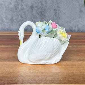 Vintage White Porcelain Floral Swan Figurine Royal Adderley Swan Vintage Ceramic Bird Figurine Romantic Vanity Decor Vintage Gift Idea
