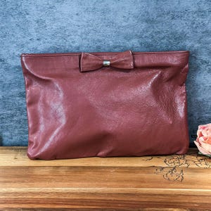Vintage Brown Leather Clutch: Antonia Designs Handmade Bow Handbag