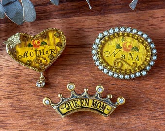 Vintage Gold Tone Brooches Set: Maximal Art Jewelry, Mother's Day Gift